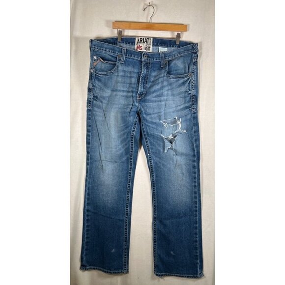 ARIAT M5 Mens Size 40W 34L Denim Blue Jean Slim Bootcut Thrash Distressed Grunge - Picture 1 of 16